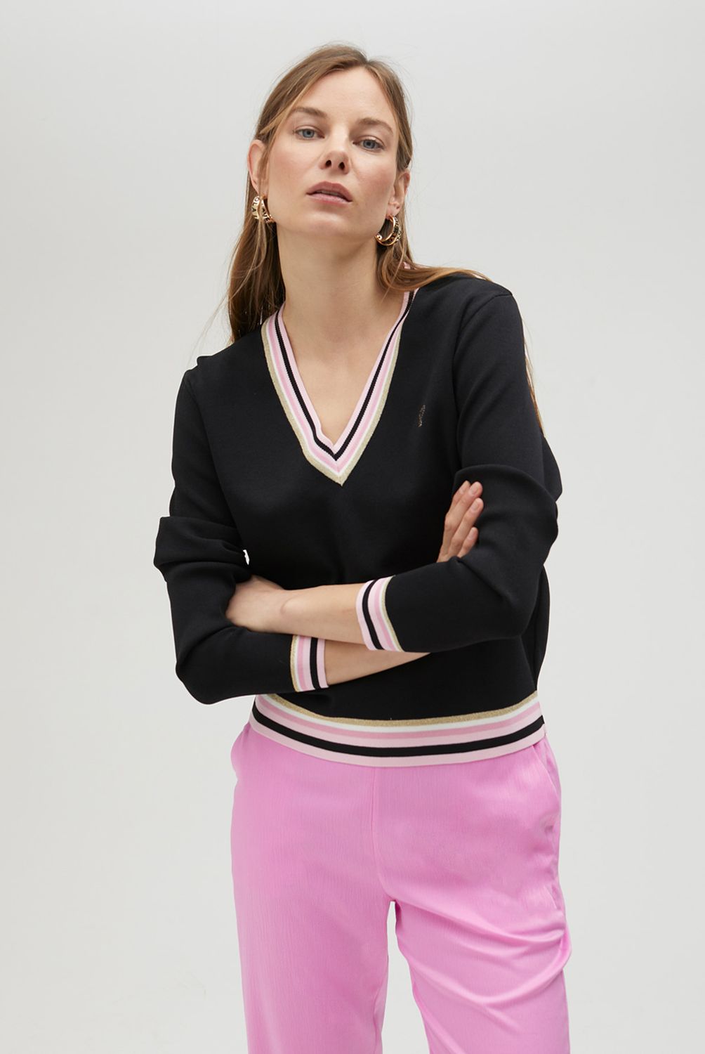 LOLA CASADEMUNT - Sweater Cuello Pico con Detalle Canalé Rayas Mujer Lola Casademunt