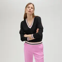 LOLA CASADEMUNT - Sweater Cuello Pico con Detalle Canalé Rayas Mujer