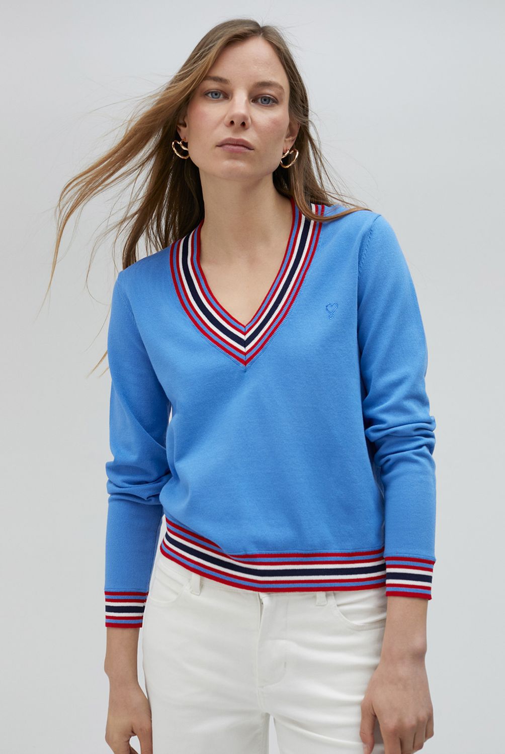 LOLA CASADEMUNT - Sweater Escote Pico con Raya en Puños Bajo y Escote Mujer Lola Casademunt