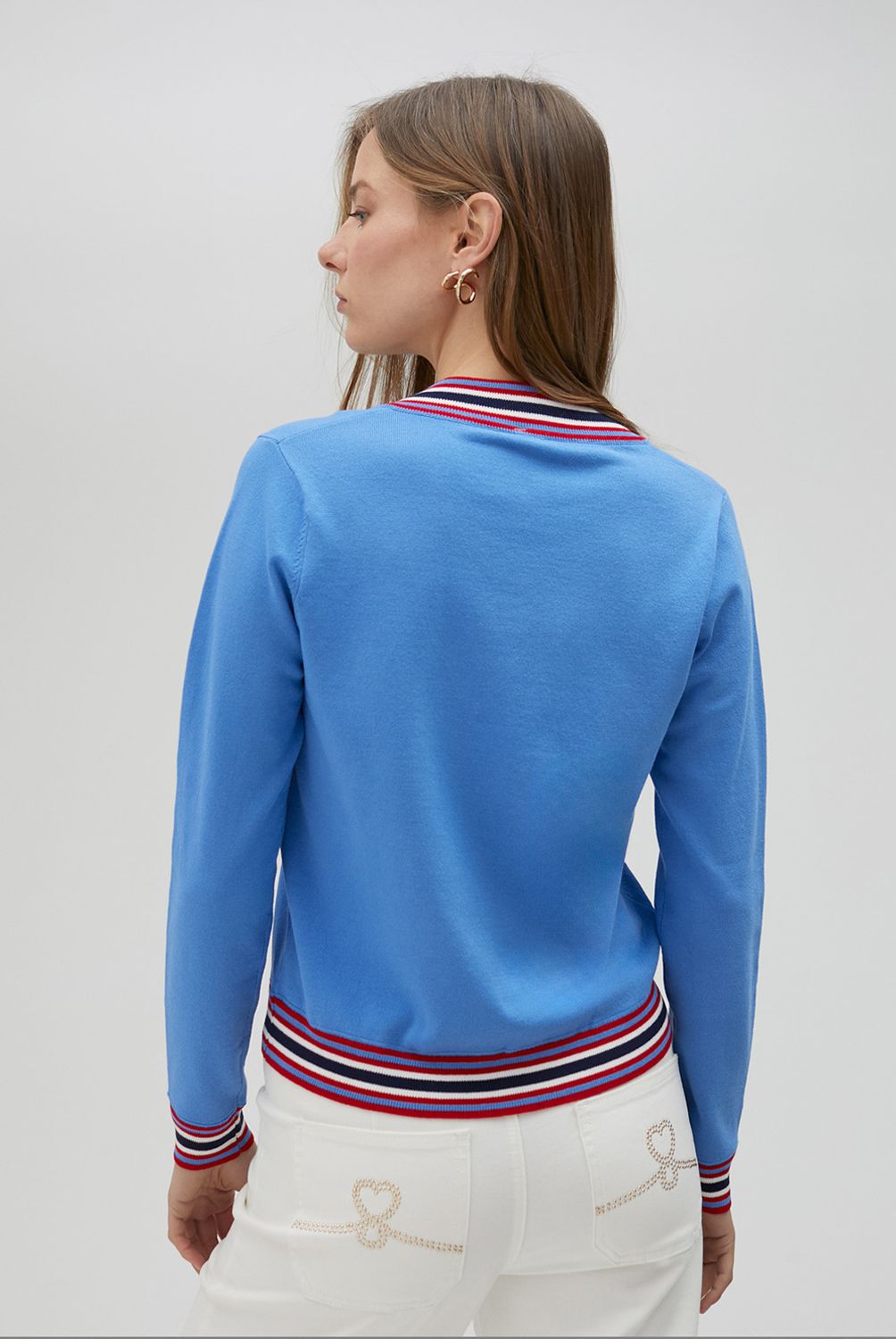 LOLA CASADEMUNT - Sweater Escote Pico con Raya en Puños Bajo y Escote Mujer Lola Casademunt