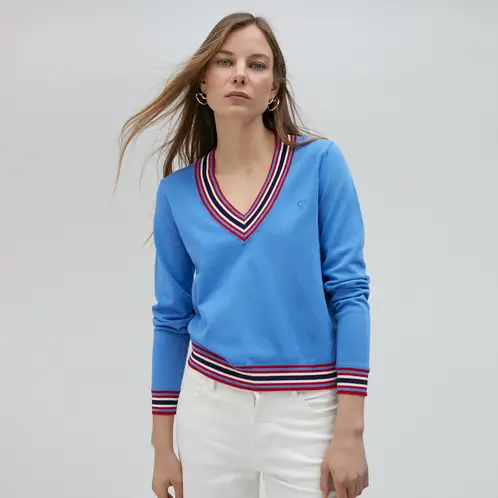 LOLA CASADEMUNT - Sweater Escote Pico con Raya en Puños Bajo y Escote Mujer