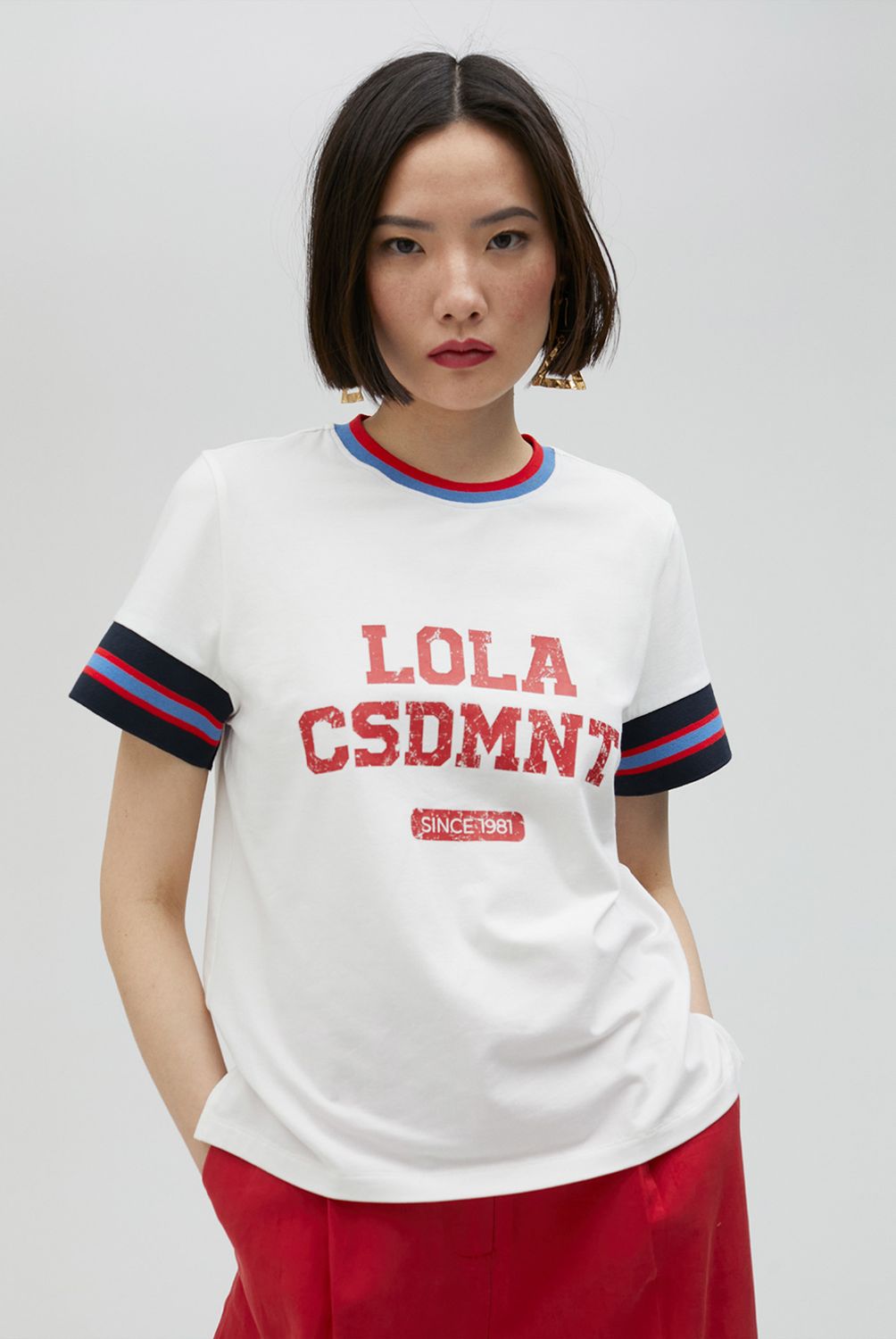 LOLA CASADEMUNT - Camiseta Detalle Manga Rayas Mujer Lola Casademunt