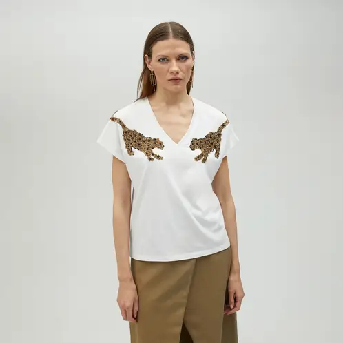 LOLA CASADEMUNT - Camiseta Detalle Pedrería Tigres Mujer