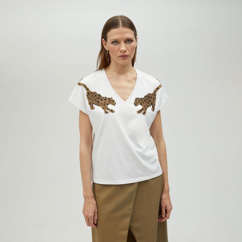 LOLA CASADEMUNT - Polera Detalle Pedrería Tigres Mujer Lola Casademunt