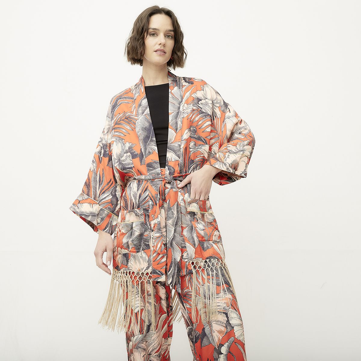 DIXIE - Kimono Estampado Detalles Flecos Mujer Dixie