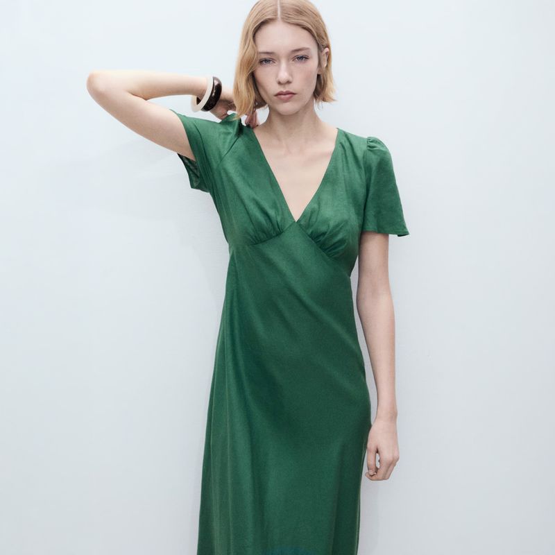 MANGO - Vestido Lino Flores Mujer Mango