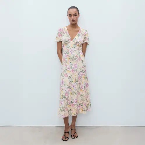 MANGO - Vestido Lino Flores Mujer