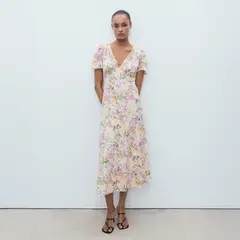 MANGO - Vestido Lino Flores Mujer