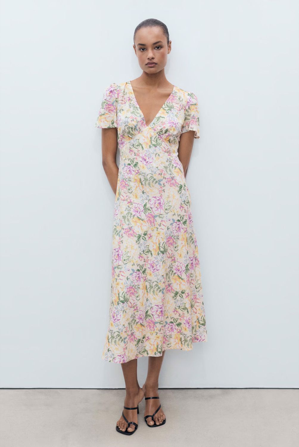 MANGO - Vestido Lino Flores Mujer Mango
