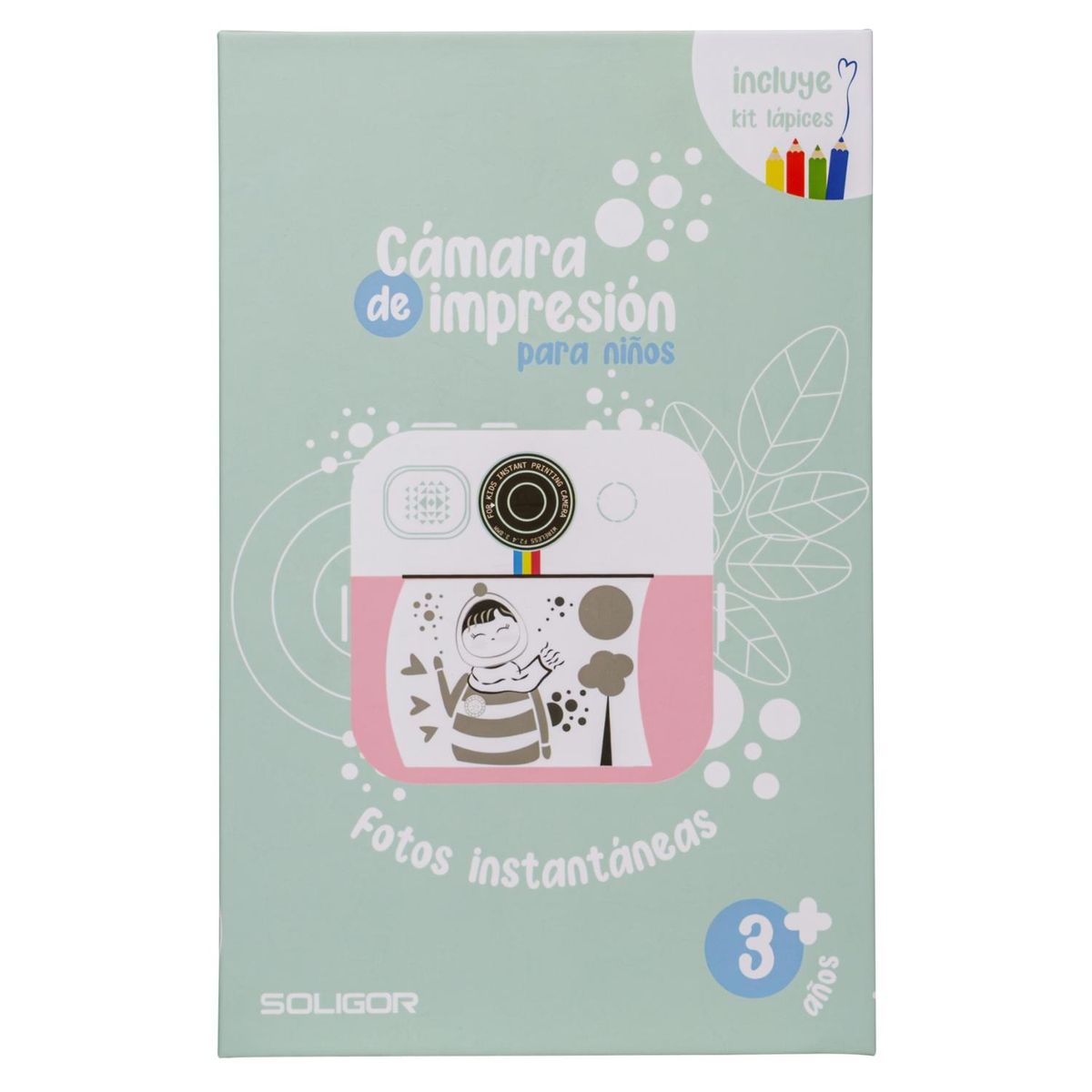SOLIGOR - Camara Infantil Soligor Rosada con Impresión Instantanea + Lapices Para Colorear