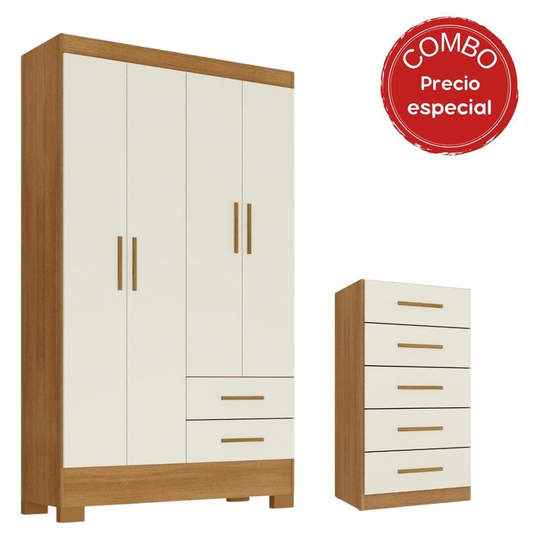 Combo Clóset 4 Puertas Cómoda 5 Cajones 2 Colores