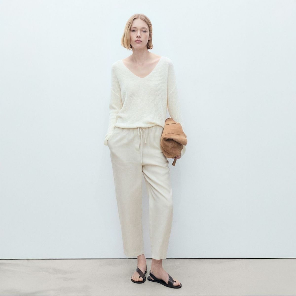 MANGO - Pantalón Recto Crop Lino Mujer Mango