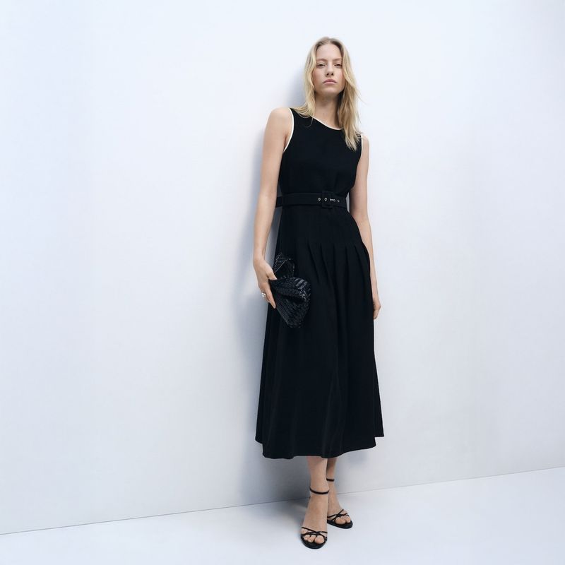 MANGO - Vestido Midi Evasé Cinturón Mujer Mango