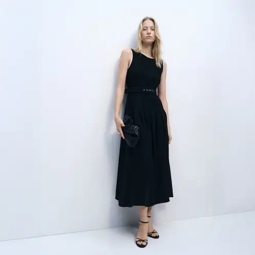 MANGO - Vestido Midi Evasé Cinturón Mujer