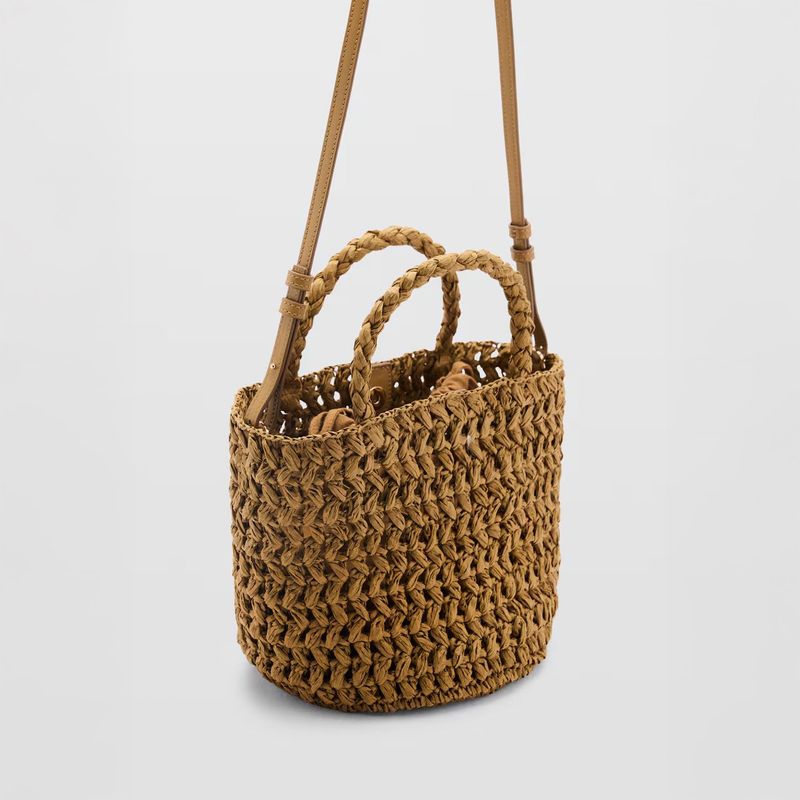MANGO - Bolso Bucket Doble Asa Fibra Natural Mujer Mango