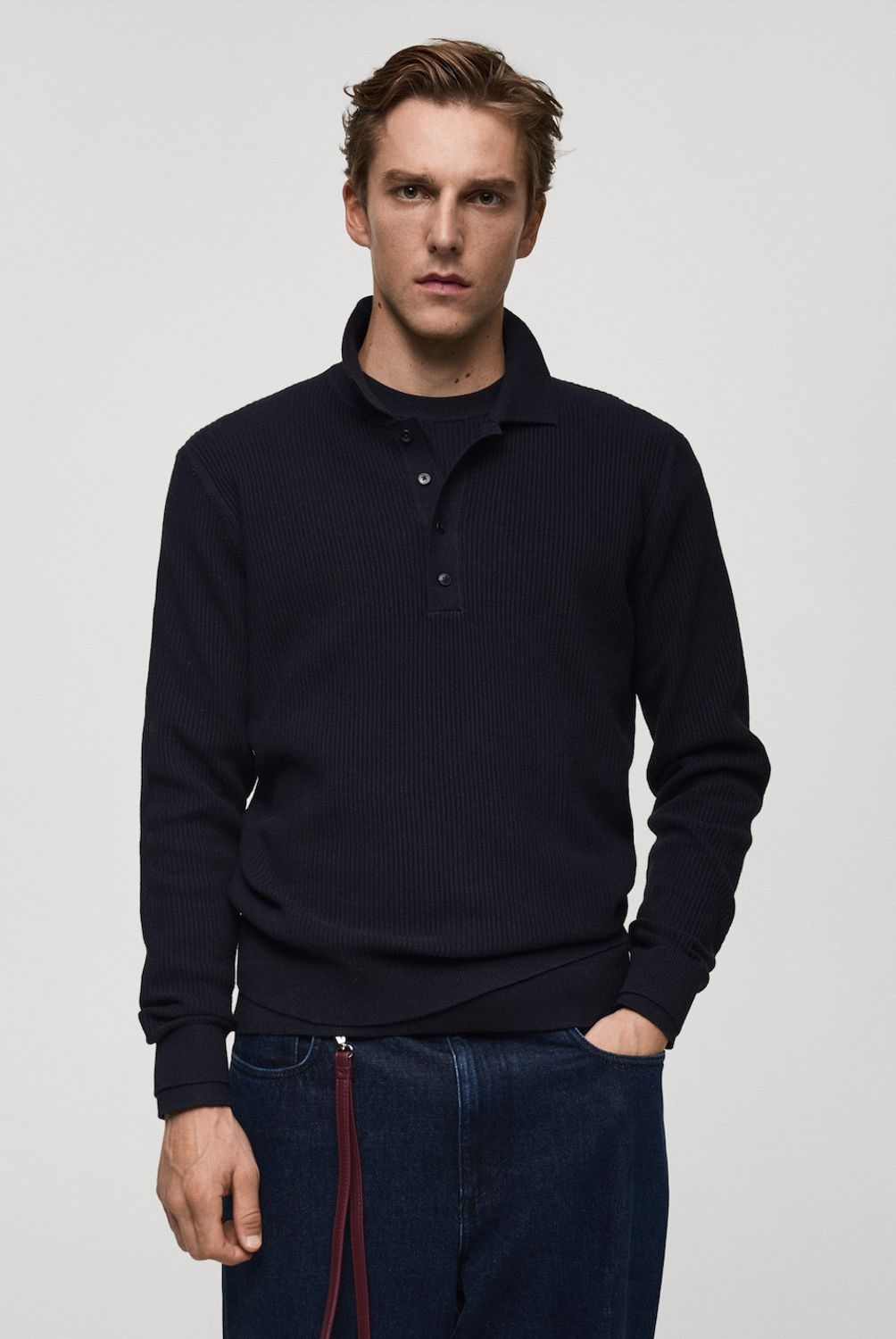 MANGO MAN - Jersey Polo Mezcla Algodón Canalé Hombre Mango Man