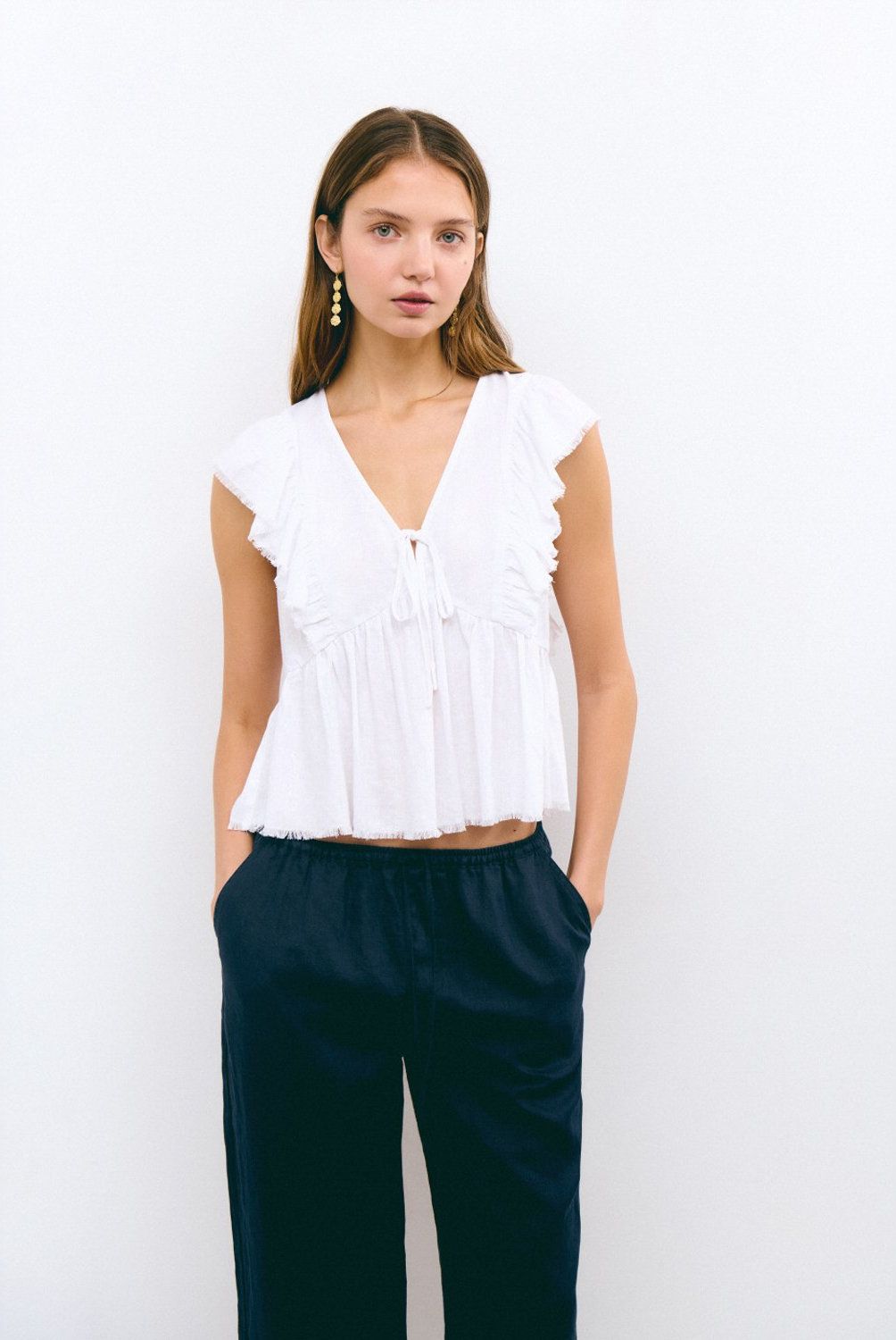 BROWNIE - Blusa Volantes Con Lino Mujer Brownie