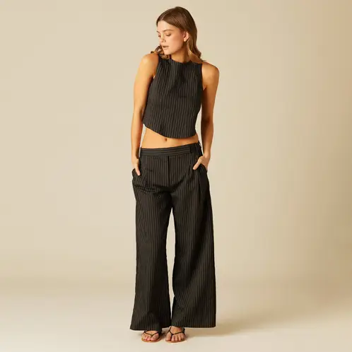 NICOLI - Pantalón Pliegues Negro Raya Blanca Mujer