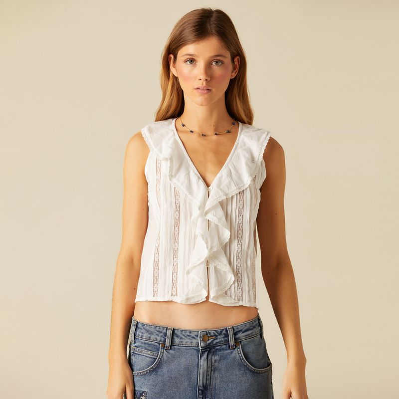 NICOLI - Blusa Volante Encajes Blanca Mujer Nicoli