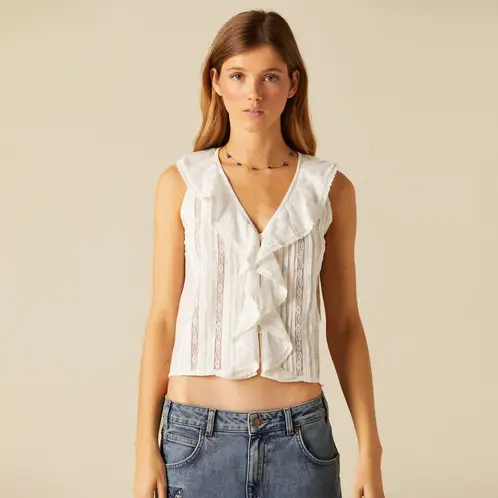 NICOLI - Blusa Volante Encajes Blanca Mujer