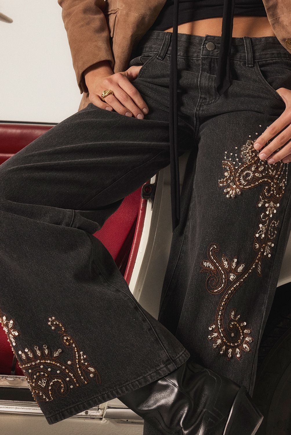NICOLI - Jeans Gris Bordados Mujer Nicoli