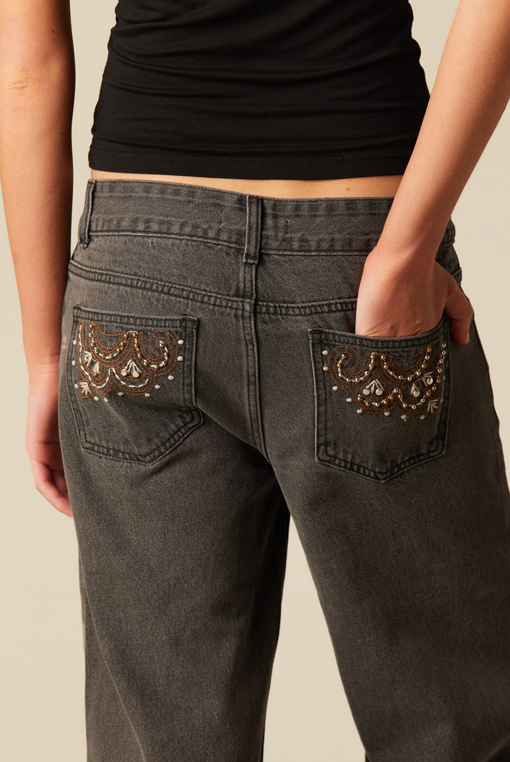 NICOLI - Jeans Gris Bordados Mujer Nicoli