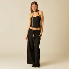 NICOLI - Pantalón Ancho Negro Textura Mujer