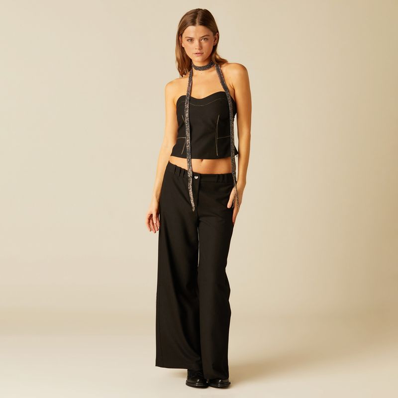 NICOLI - Pantalón Ancho Negro Textura Mujer Nicoli