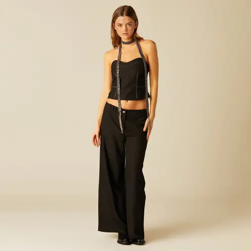 NICOLI - Pantalón Ancho Negro Textura Mujer