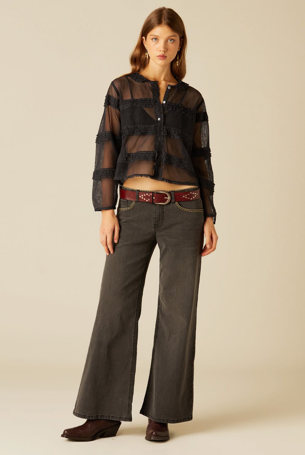 NICOLI - Jeans Pespuntes Cinturilla Gris Mujer Nicoli