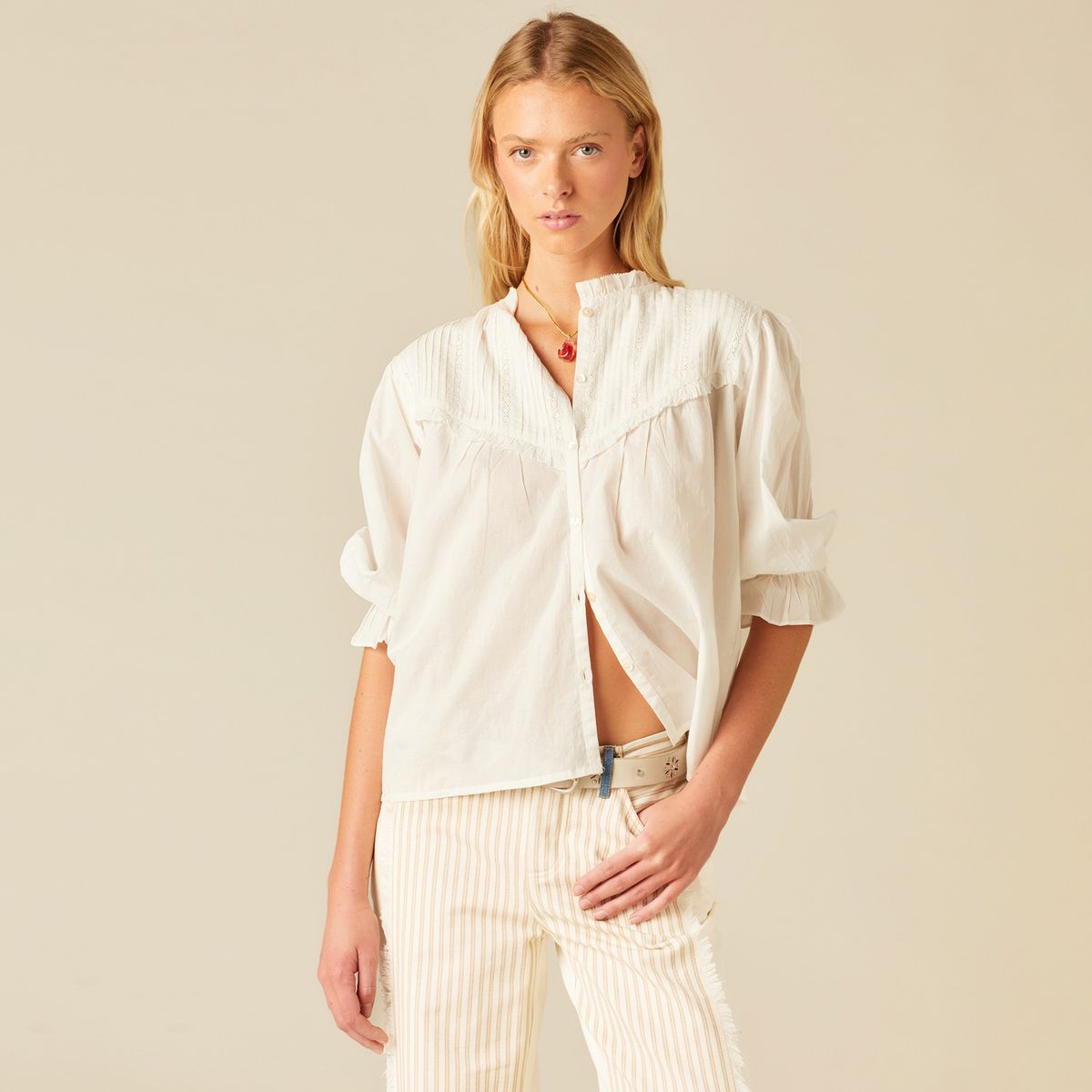 NICOLI - Blusa Romántica Blanca Mujer Nicoli