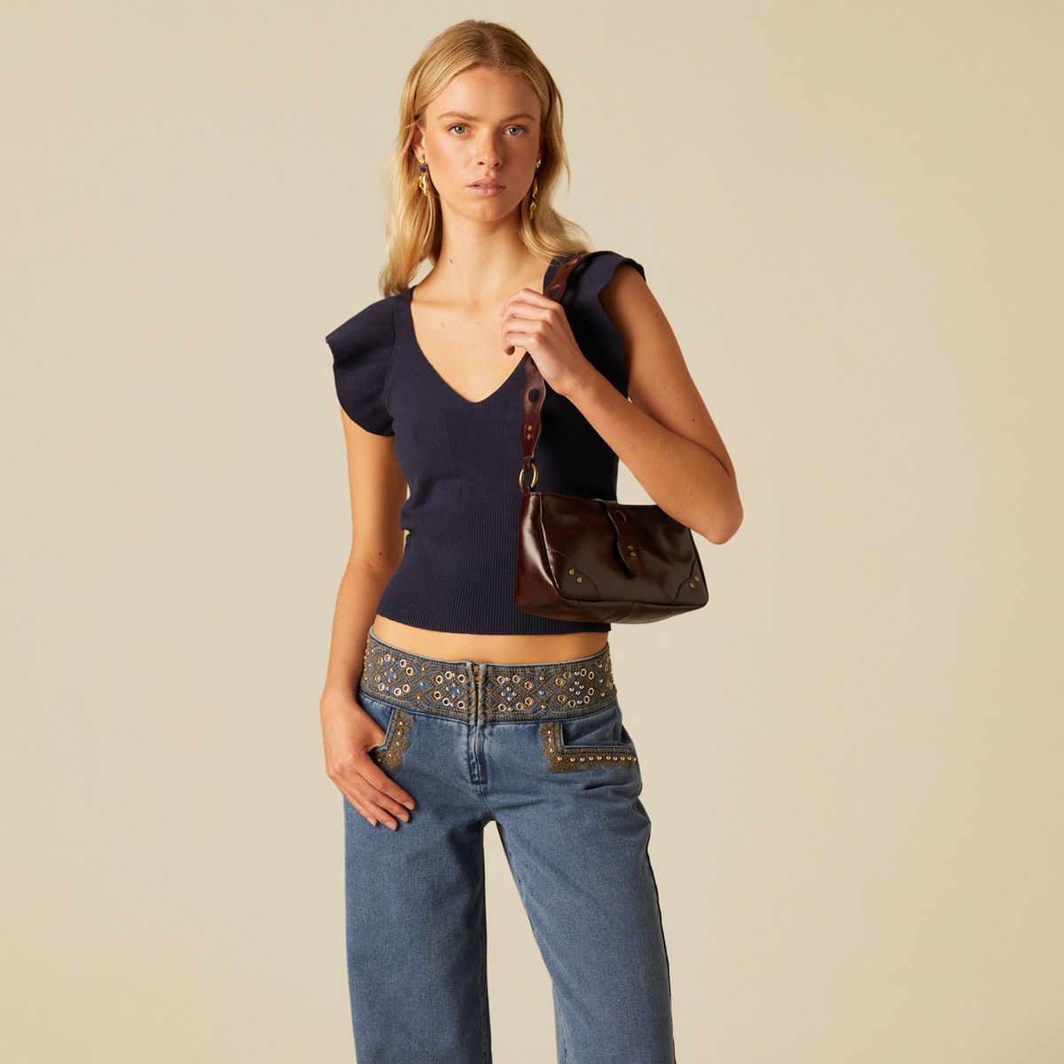 NICOLI - Top Manga Volante Azul Oscuro Mujer Nicoli