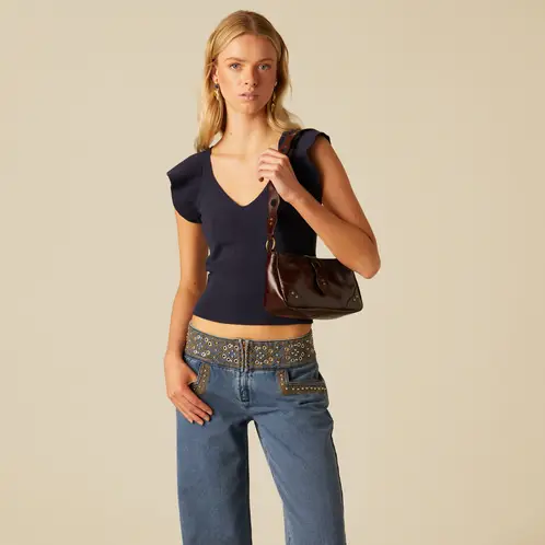 NICOLI - Top Manga Volante Azul Oscuro Mujer