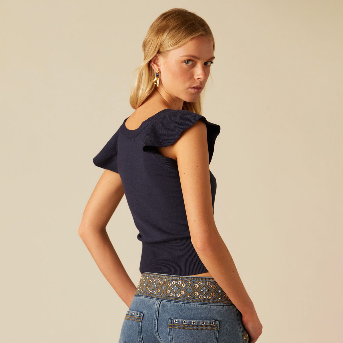 NICOLI - Top Manga Volante Azul Oscuro Mujer Nicoli