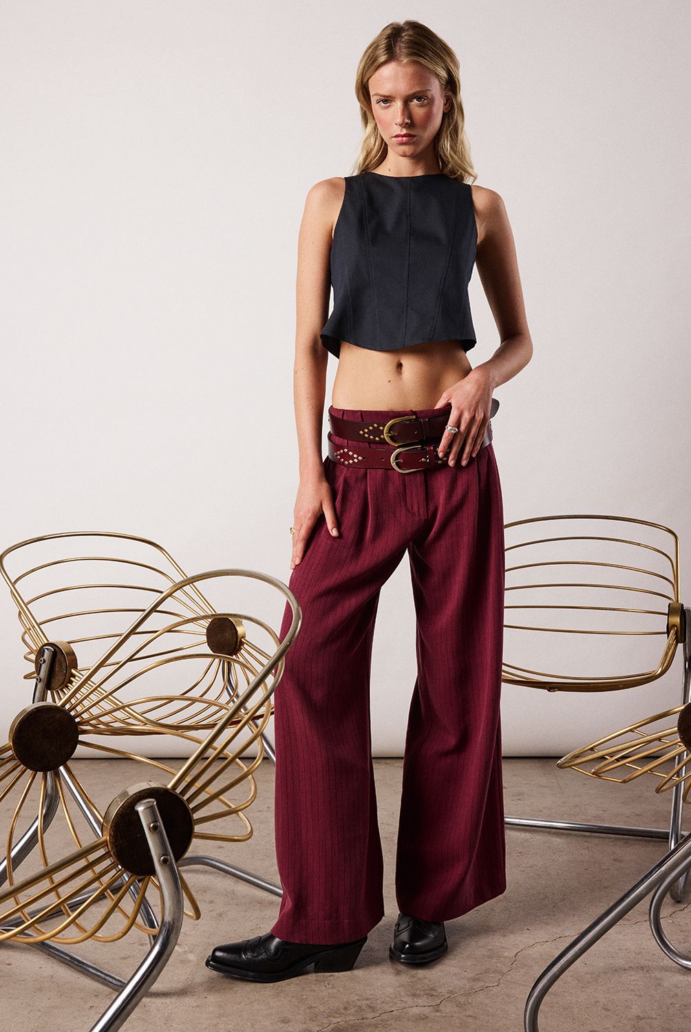 NICOLI - Pantalón Cinturilla Ancha Morado Rayas Mujer Nicoli