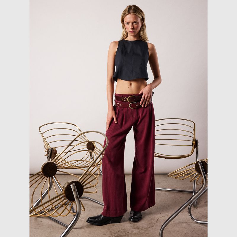 NICOLI - Pantalón Cinturilla Ancha Morado Rayas Mujer Nicoli