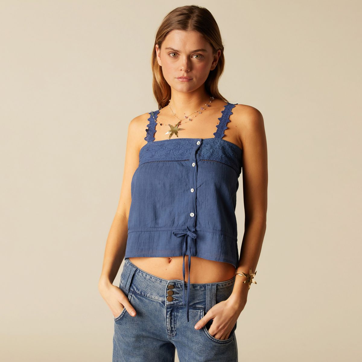 NICOLI - Top Tirante Flor Azul  Mujer Nicoli