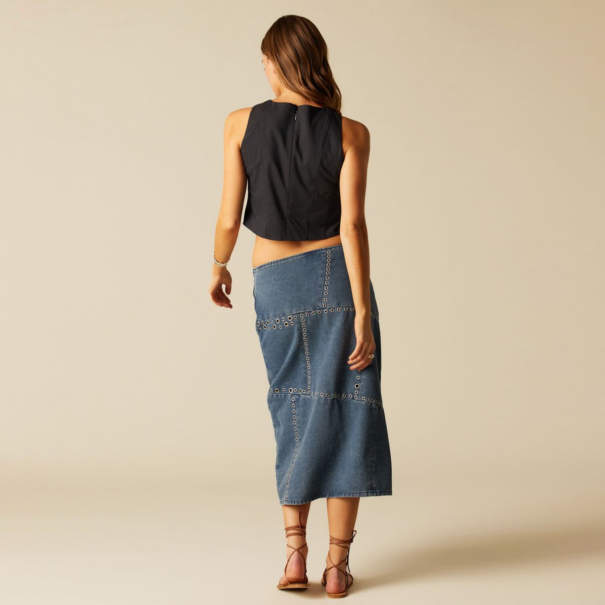 NICOLI - Falda Denim Midi Tachas Mujer Nicoli