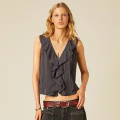 NICOLI - Blusa Volante Encajes Antracita Mujer