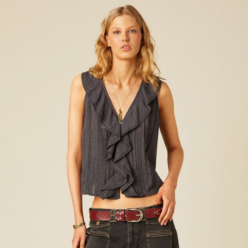 NICOLI - Blusa Volante Encajes Antracita Mujer Nicoli