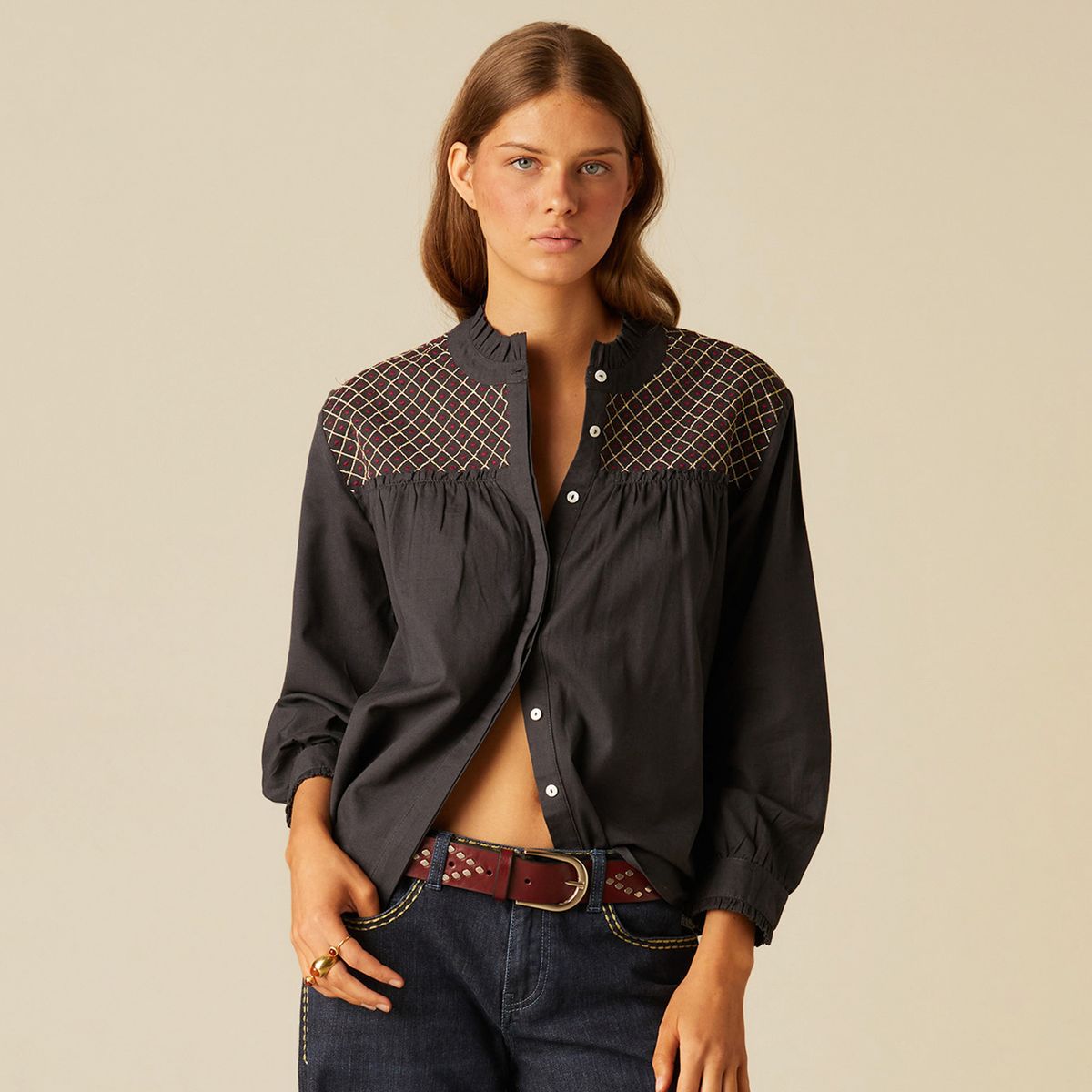 NICOLI - Blusa Antracita Nidos Hombro Mujer Nicoli