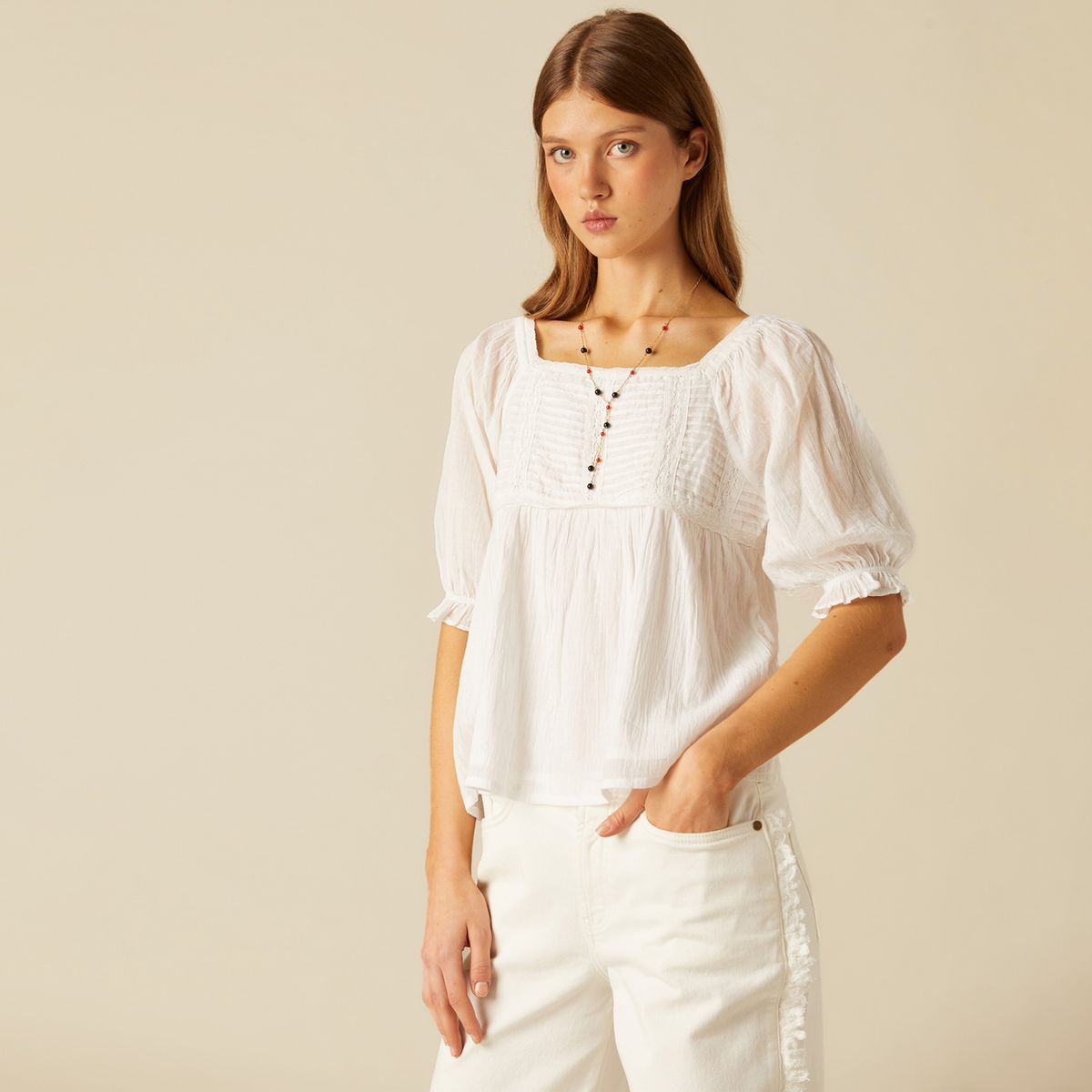 NICOLI - Blusa Cuadrado Encajes Blanca Mujer Nicoli