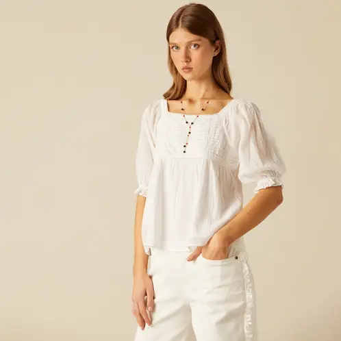 NICOLI - Blusa Cuadrado Encajes Blanca Mujer