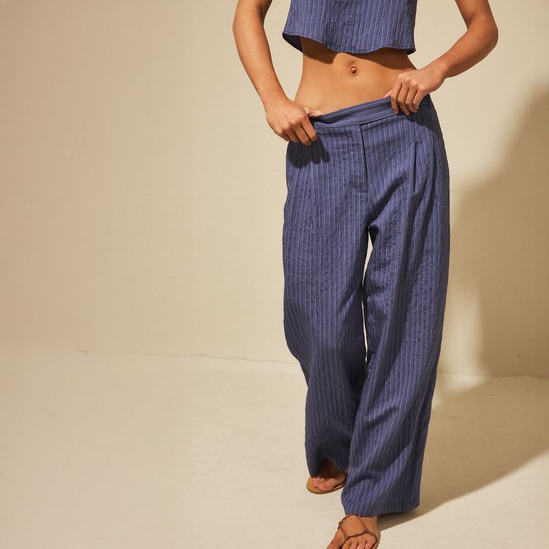NICOLI - Pantalón Pliegues Azul Raya Blanca Mujer Nicoli