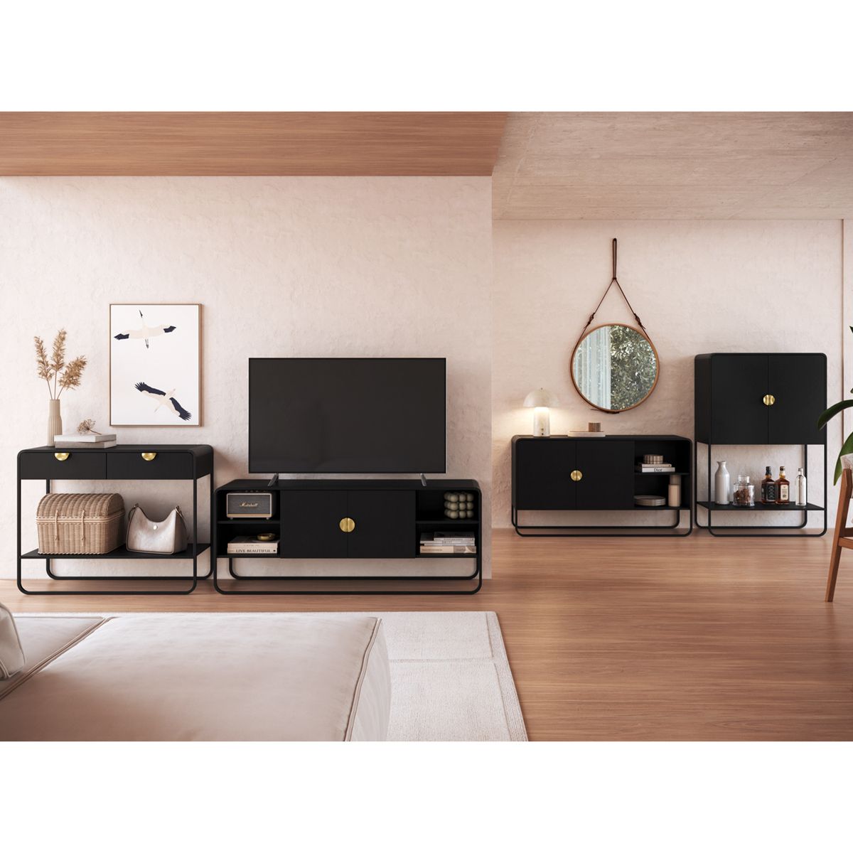DECOCASA - Buffet + Bar + Arrimo + Rack Negro Decocasa