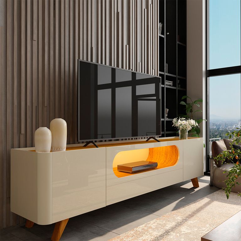 DECOCASA Rack TV Nobre 75 Pulgadas Luces LED  Patas de Madera Off White