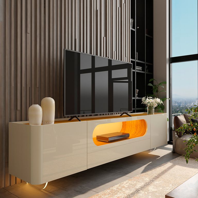 DECOCASA Rack TV Nobre 75 Pulgadas Luces LED  Patas de Vidrio Off White