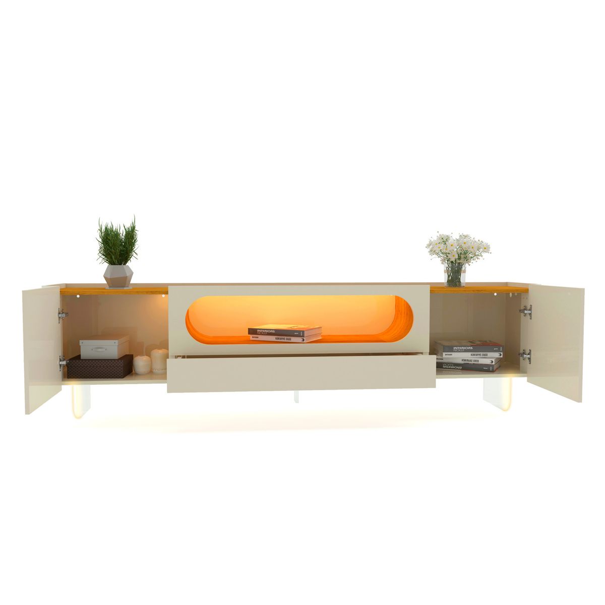 DECOCASA - Rack TV Nobre 75 Pulgadas Luces LED  Patas de Vidrio Off White Decocasa