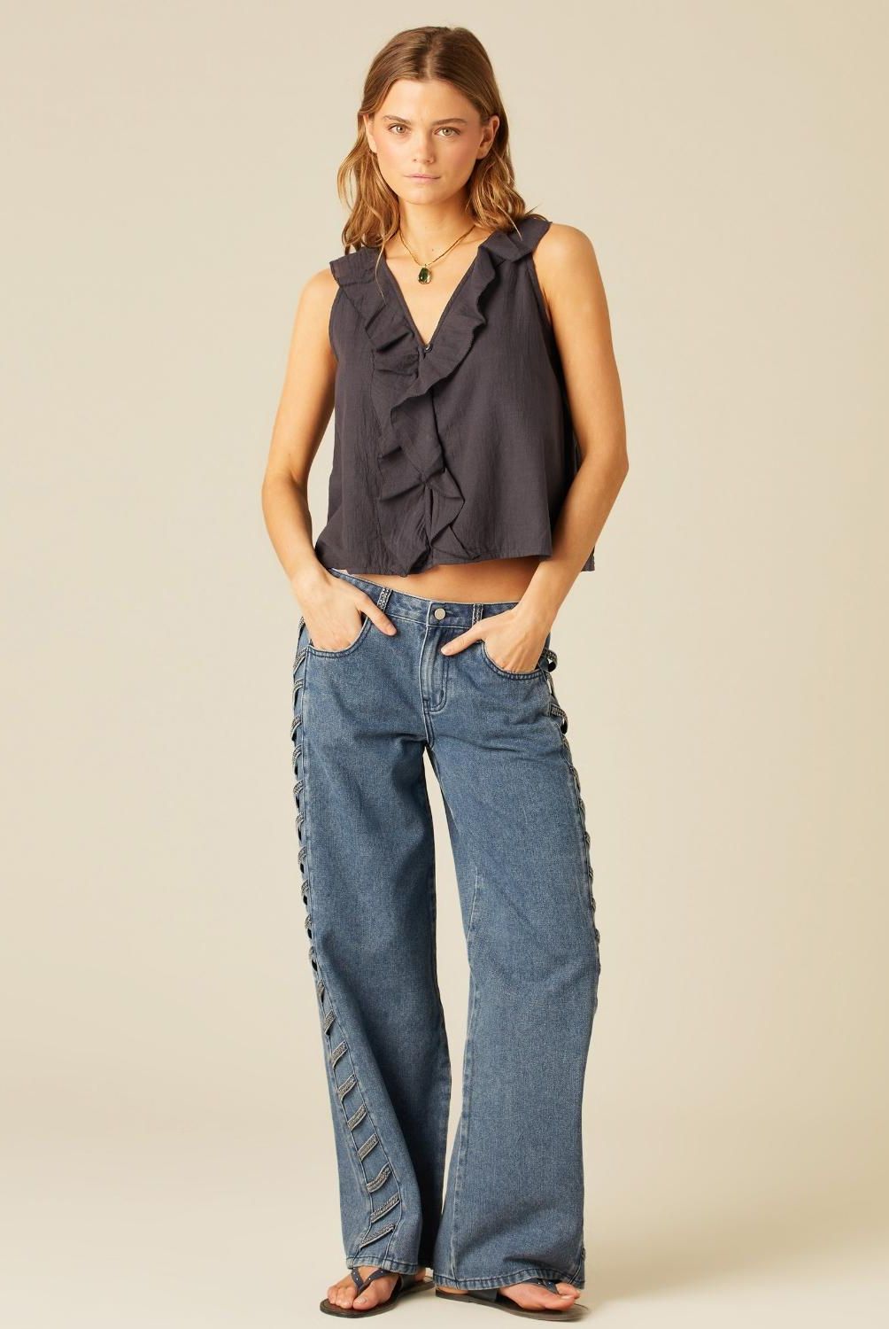 NICOLI - Jeans Tiras Tachuelas Azul Mujer Nicoli