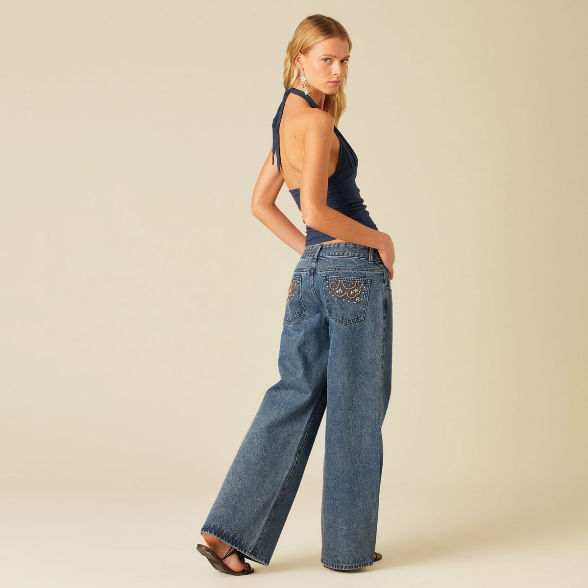 NICOLI - Polera Halter Frunces Azul Mujer Nicoli